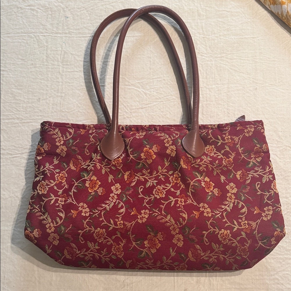 Elegant Floral Maroon Tote Bag Leather Straps